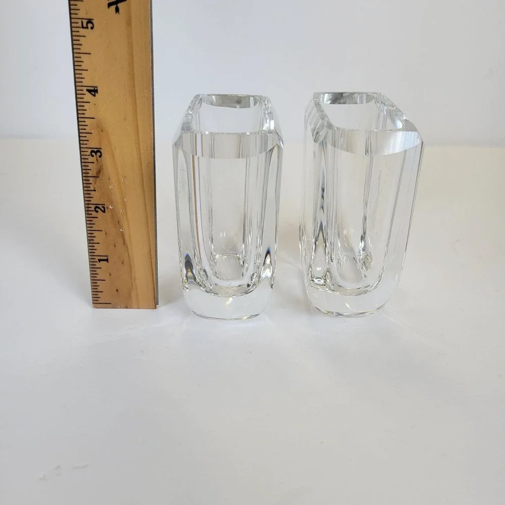 Vtg MCM Skruf Sweden Lead Crystal Pair of 2 Vases Vanity Organizers Signed 3.5